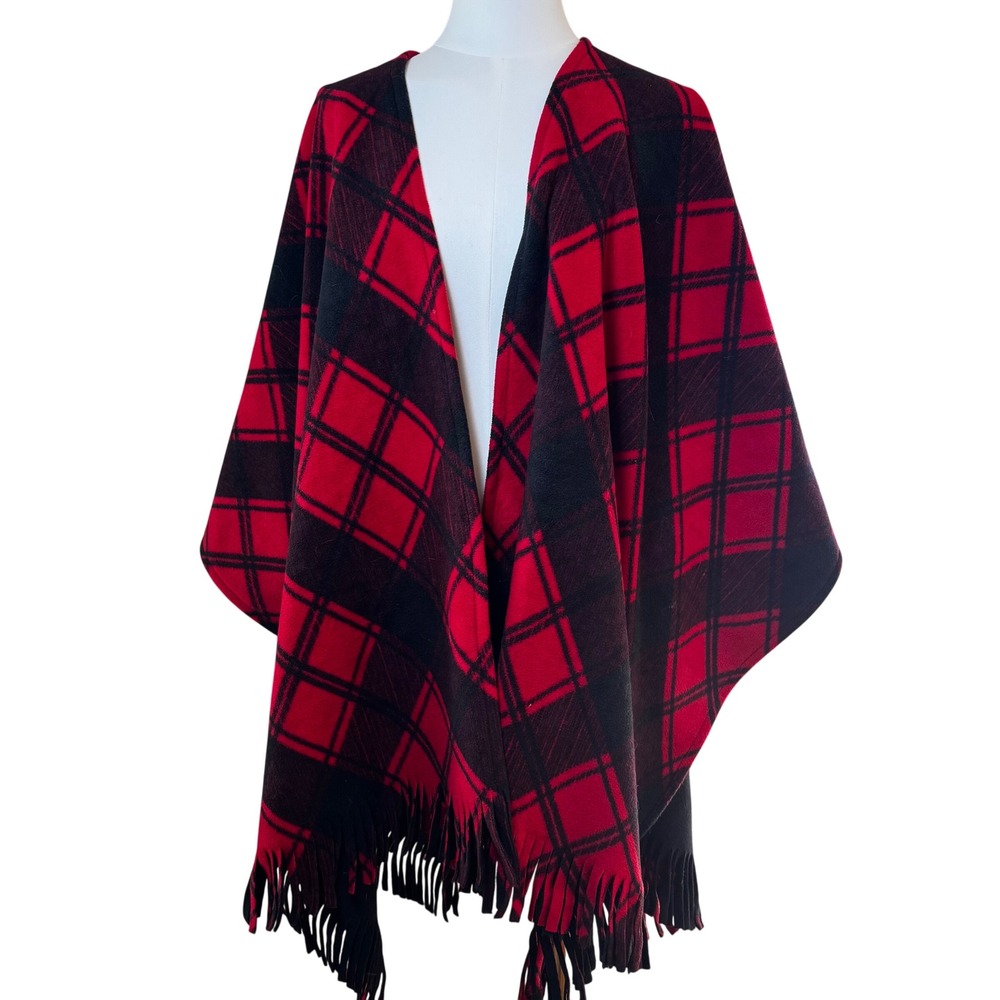 Red Black Plaid Fringe Poncho‎ Wrap Shawl Open Front Cape One Size Women's